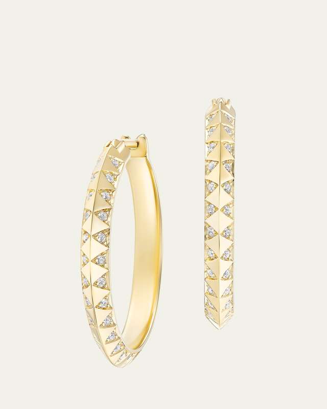 18K Yellow Gold Skinny Talisman Hoop Earrings with Diamonds